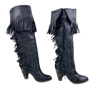 Zigi NY Women’s Size 9 Black Leather Fringe Studded Knee high Boots